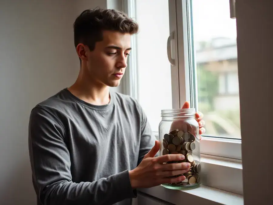A young man adding coins to a savings jar by a window