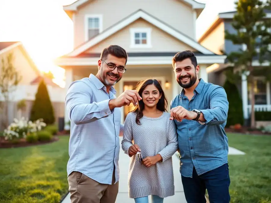 A family holding keys in front of their new home